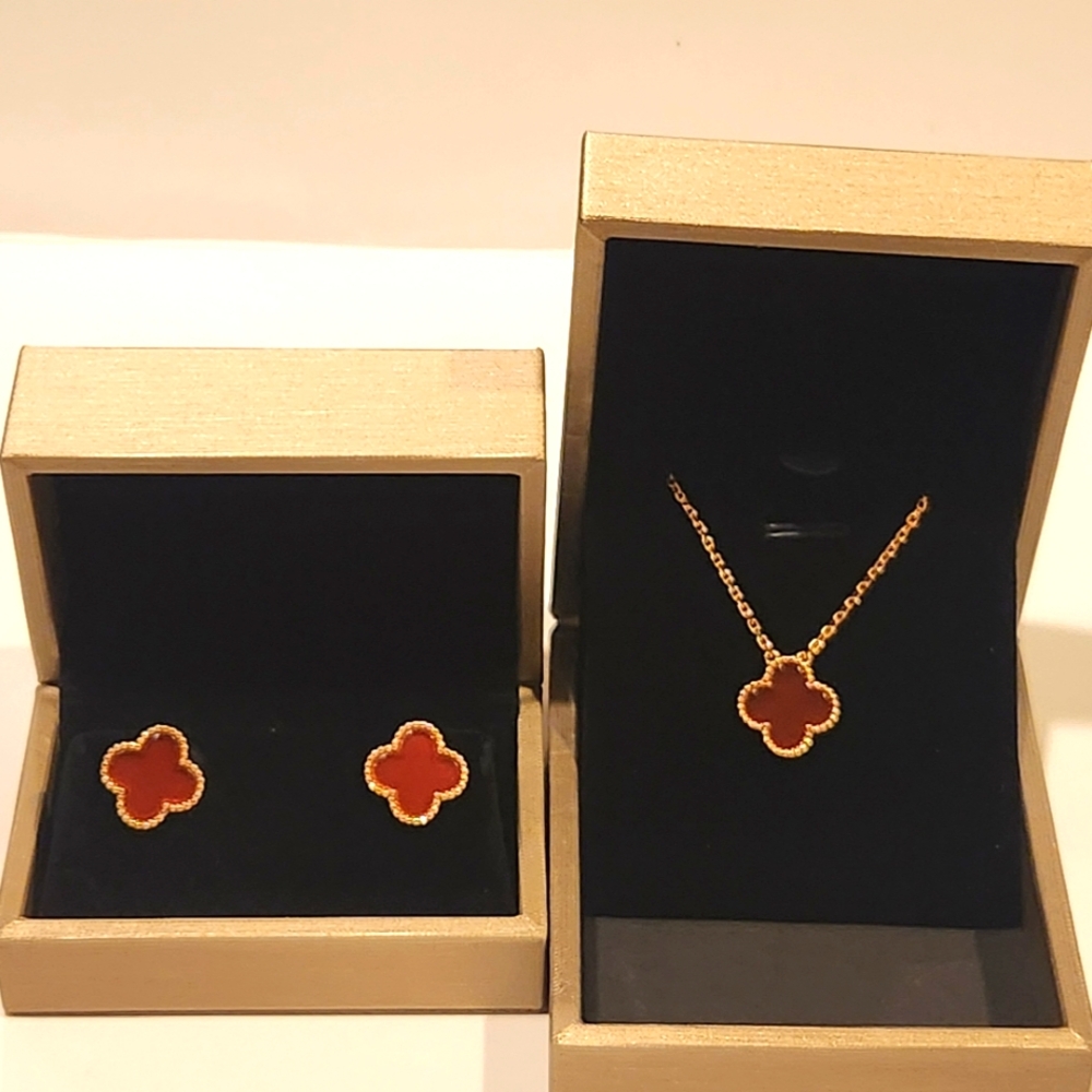 Women's necklace and stud earrings Stainless steel with Red Agate.18 inch Length